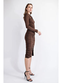 Chocolate Ruched Button Front Midi Bodycon Dress