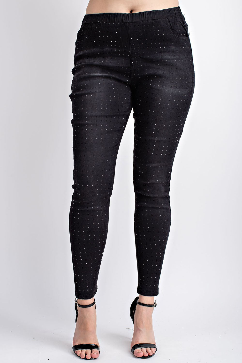 PLUS WASHED DENIM LEGGINGS WITH ALL OVER STONES