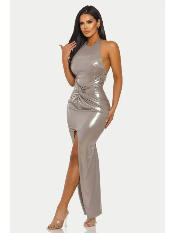 Liquid Shine Halter Ruched High Slit Maxi Dress