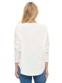 White Textured Zip Front Long Sleeve Blouse Top