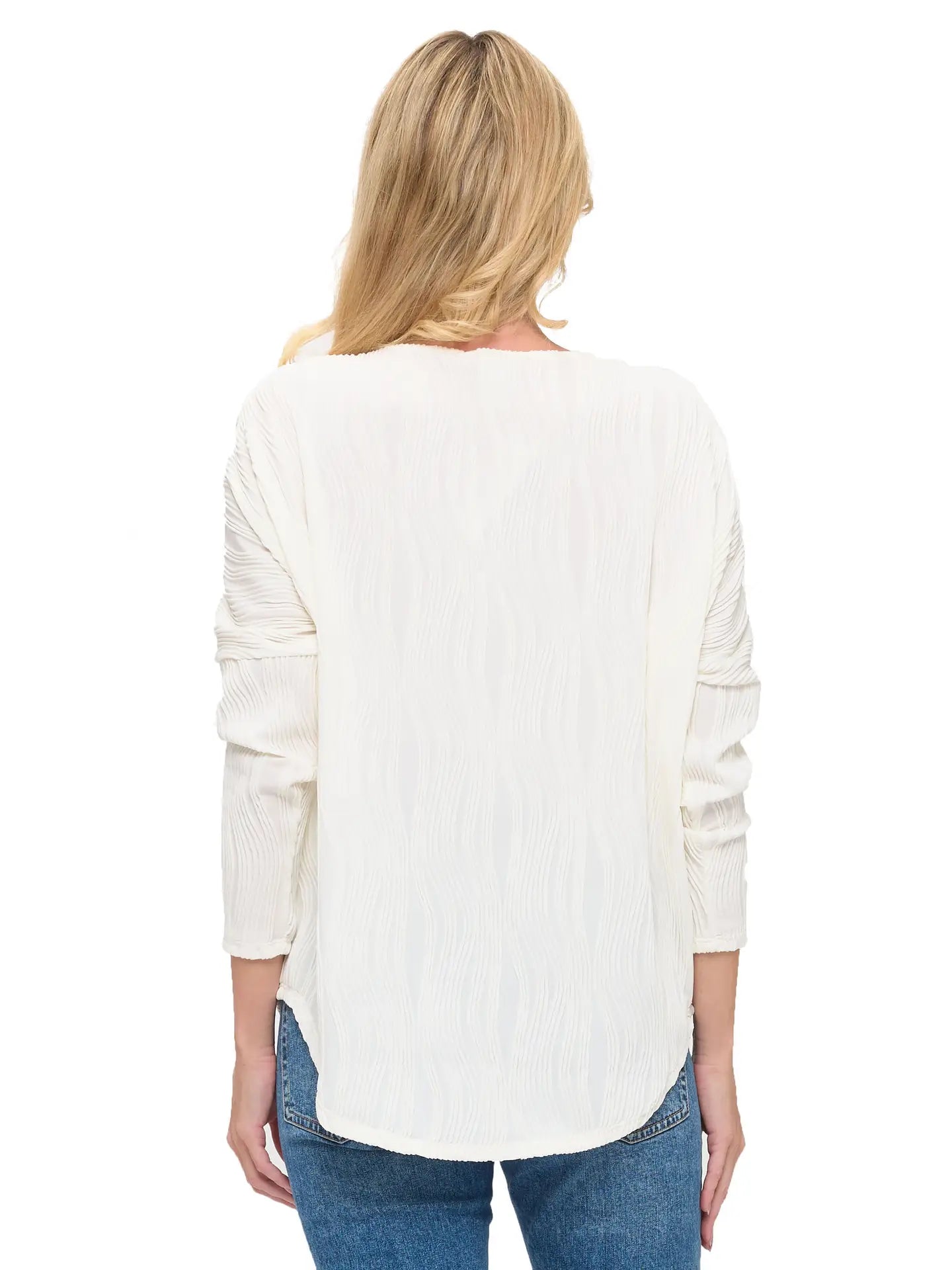 White Textured Zip Front Long Sleeve Blouse Top