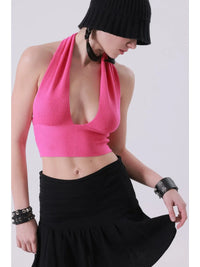 Pink Ribbed Halter Neck Crop Top with Deep V Neckline