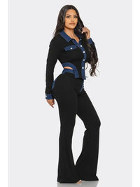 Contrast Trim Button-Up Top & Flare Pants Set