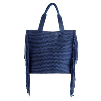 Navy Woven Tote Bag with Fringe Detail