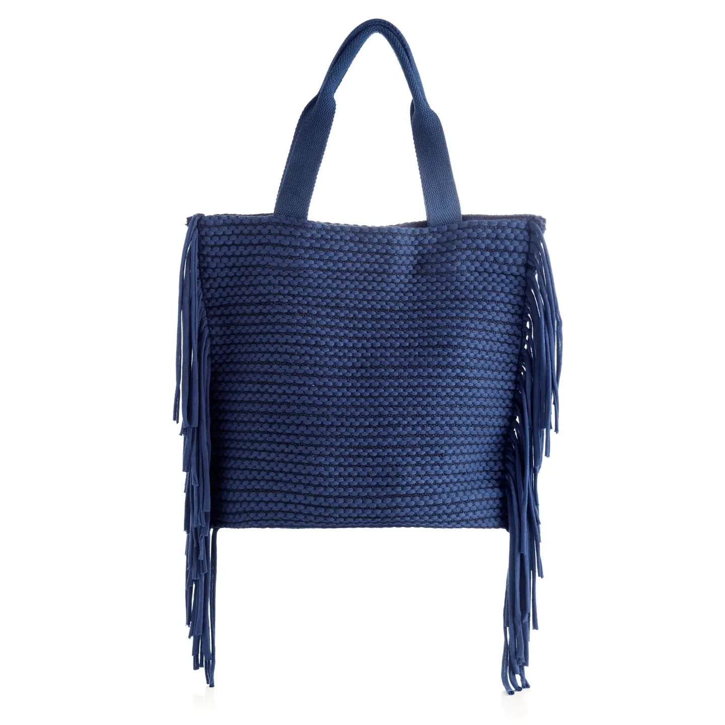 Navy Woven Tote Bag with Fringe Detail