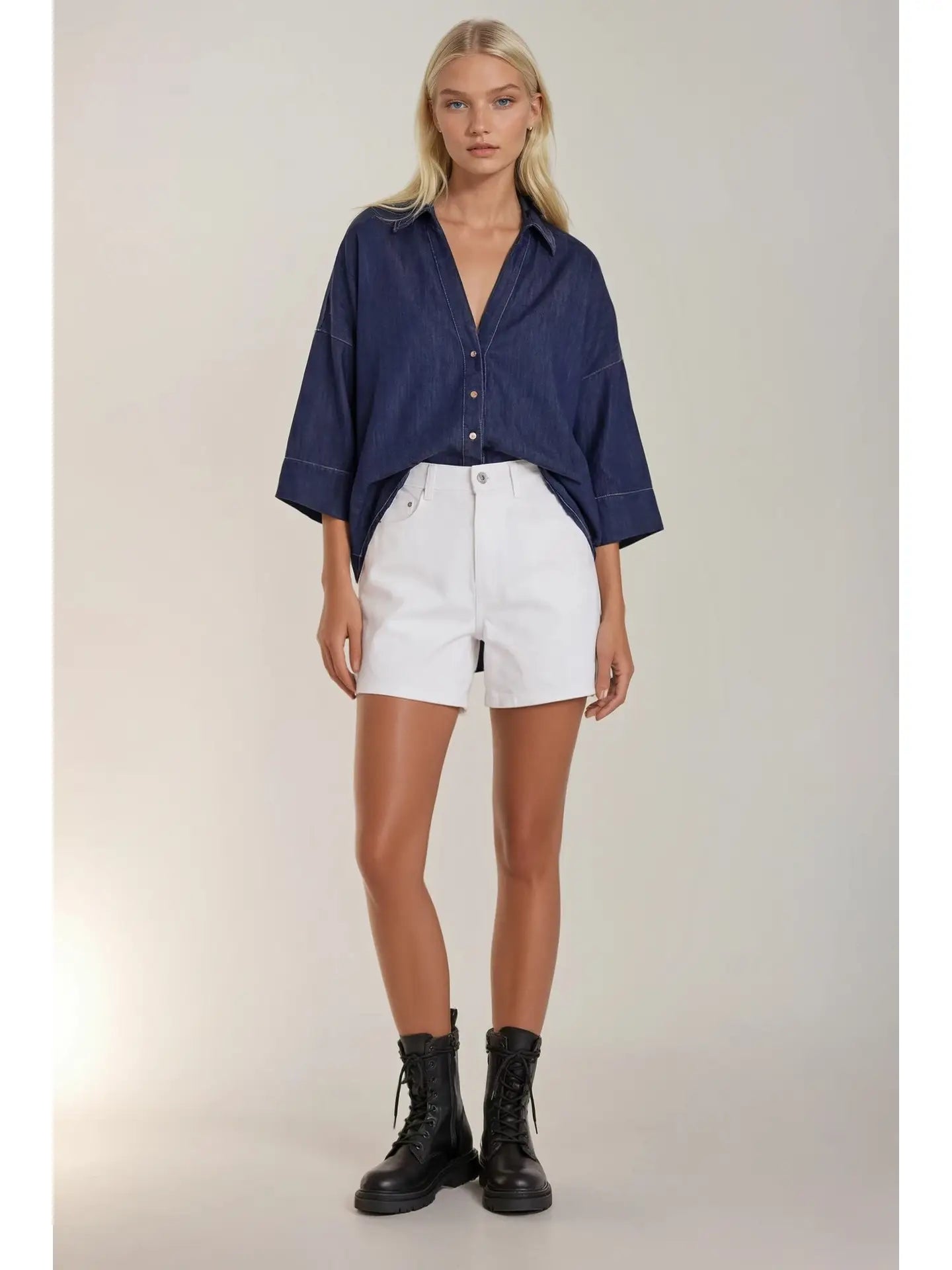 Oversized Button Down Denim Shirt with Wide Sleeve