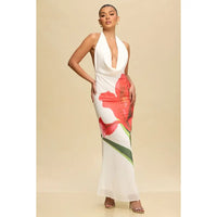 White Halter Neck Backless Maxi Dress with Red Floral Print