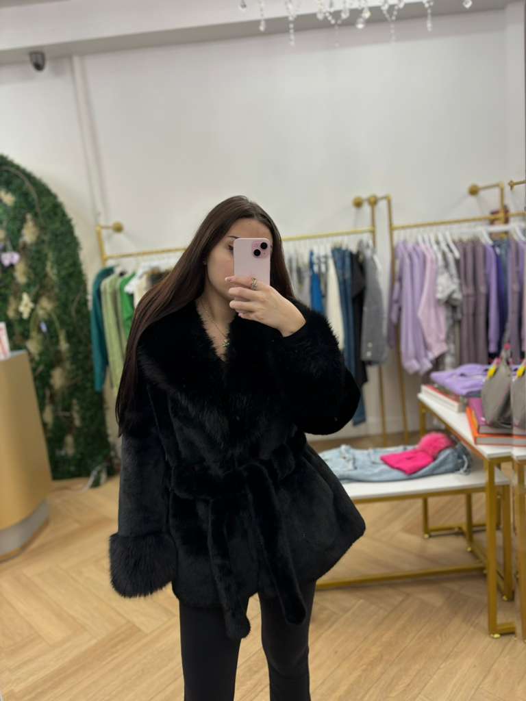 Black Faux Fur Wrap Coat with Oversized Collar