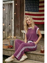 Red and Blue Striped Lounge Set with Wide-Leg Pants