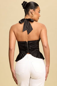 Black Pleated Halter Peplum Corset Top