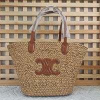 Straw Woven Tote Bag with Tan Leather Handles and Logo Detail