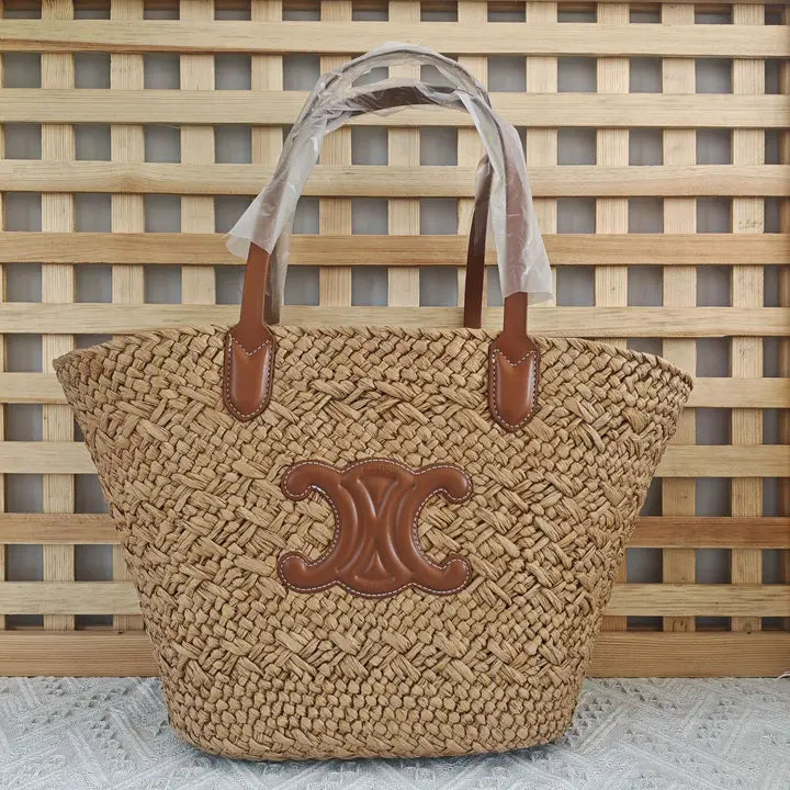 Straw Woven Tote Bag with Tan Leather Handles and Logo Detail