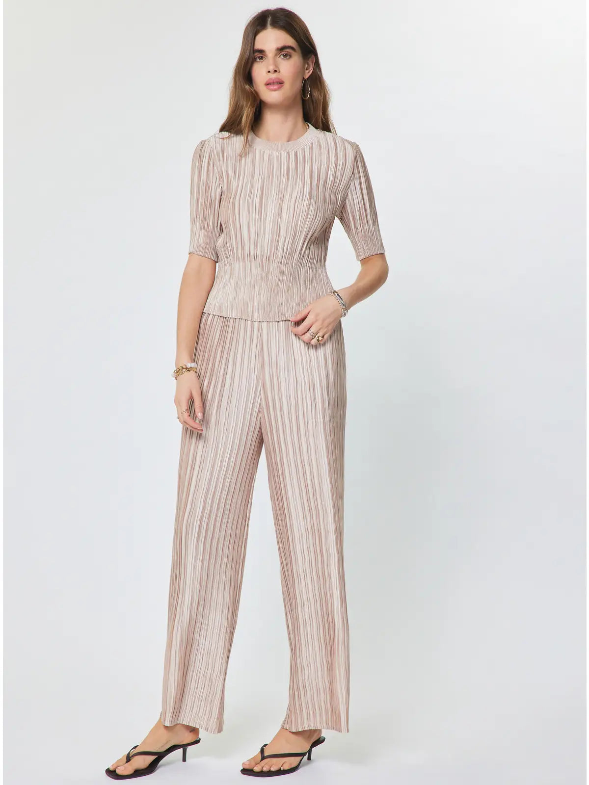 Pleated Textured Short Sleeve Knit Top Pink