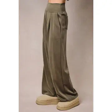 High Waist Wide Band Back Patch Pocket Wide Leg Pants