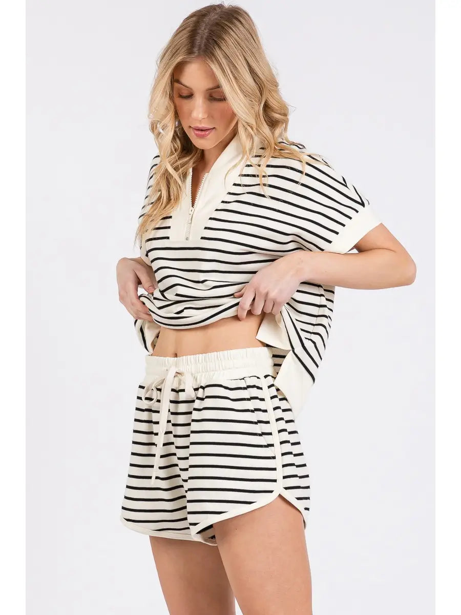 Striped Half Zip Lounge Top and Shorts Matching Set