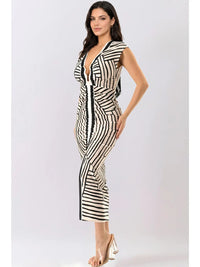 Black & Cream Deep V-Neck Geometric Ruched Bodycon  Midi Dress
