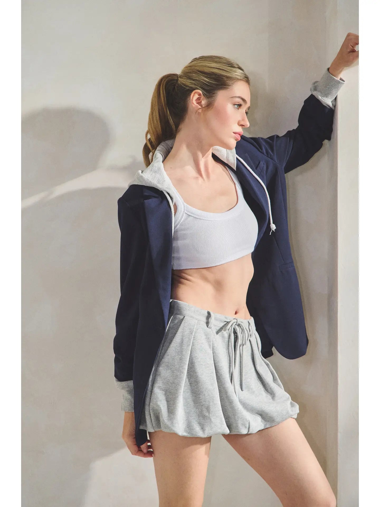 Gray Drawstring Bubble Hem Mini Skirt with Pockets