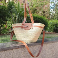 Large Moroccan Straw Beach Basket with Leather Trim French Market Tote