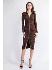 Chocolate Ruched Button Front Midi Bodycon Dress