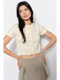 Cream Short Sleeve Cropped Knit Cardigan