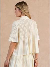 Cream Pleated Button Front Short Sleeve Collared Blouse