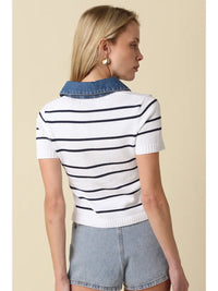 Striped Knit Polo Top with Denim Collar and Cropped Fit