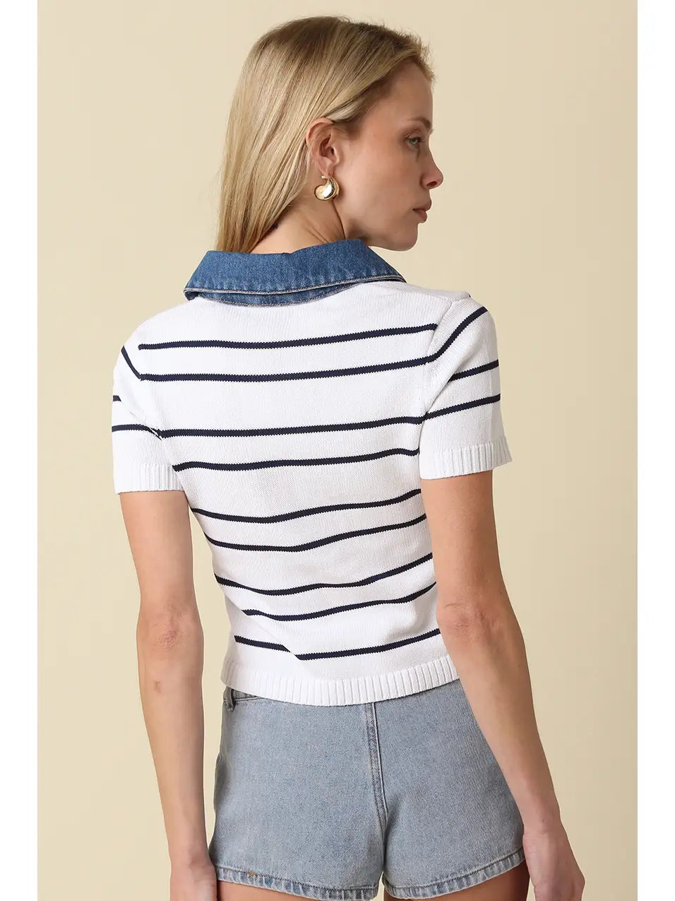 Striped Knit Polo Top with Denim Collar and Cropped Fit