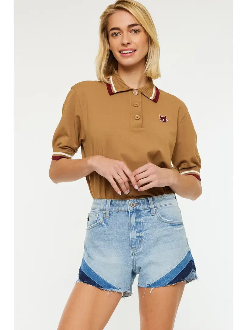 High Rise Colorblock Chevron Denim Shorts with Raw Hem