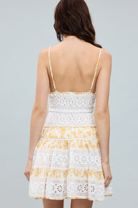 White & Yellow Lace Tiered Mini Dress