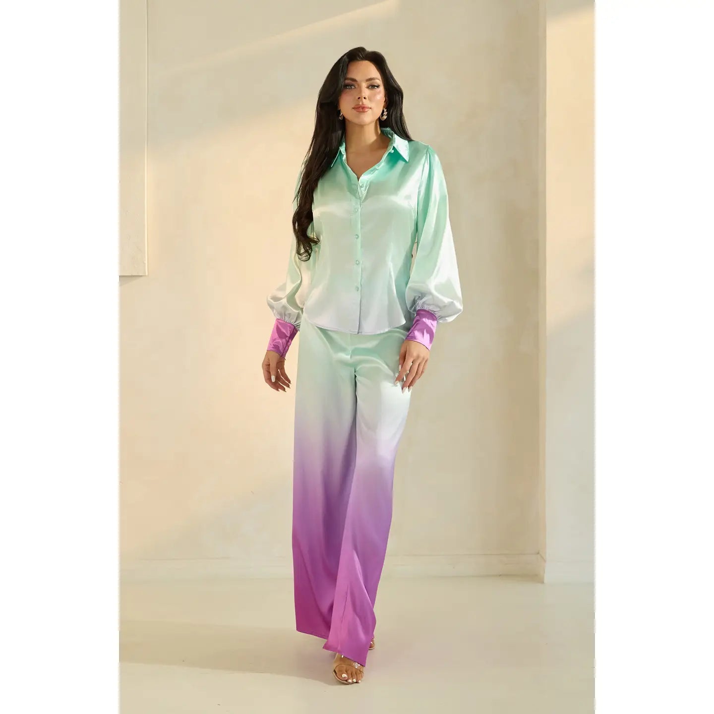 Satin Ombre Button-Up Shirt and Wide-Leg Pant Set