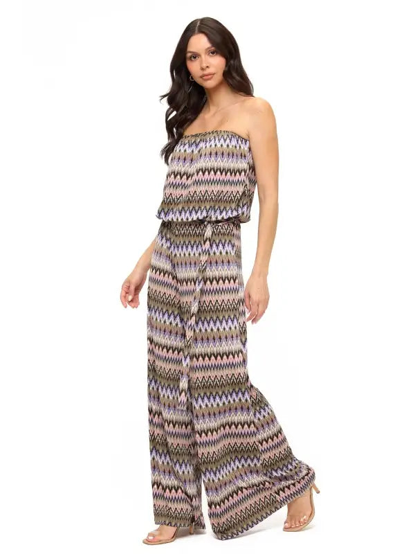 Green Multi Zigzag Print Strapless Wide Leg Jumpsuit with Belt