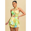 Watercolor Halter Mini Dress with Tiered Skirt and Cutout Front