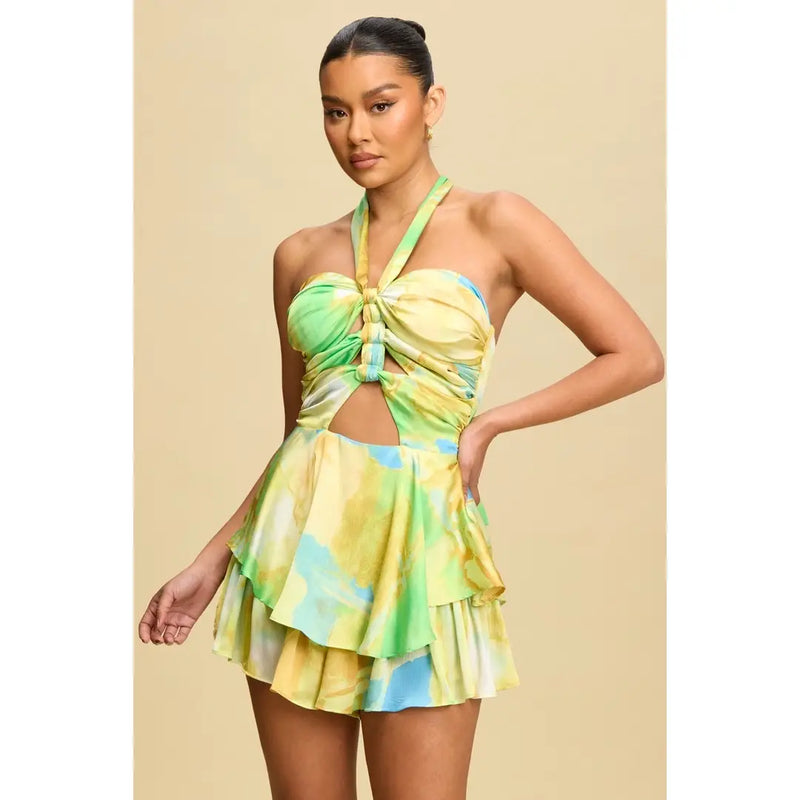 Watercolor Halter Mini Dress with Tiered Skirt and Cutout Front