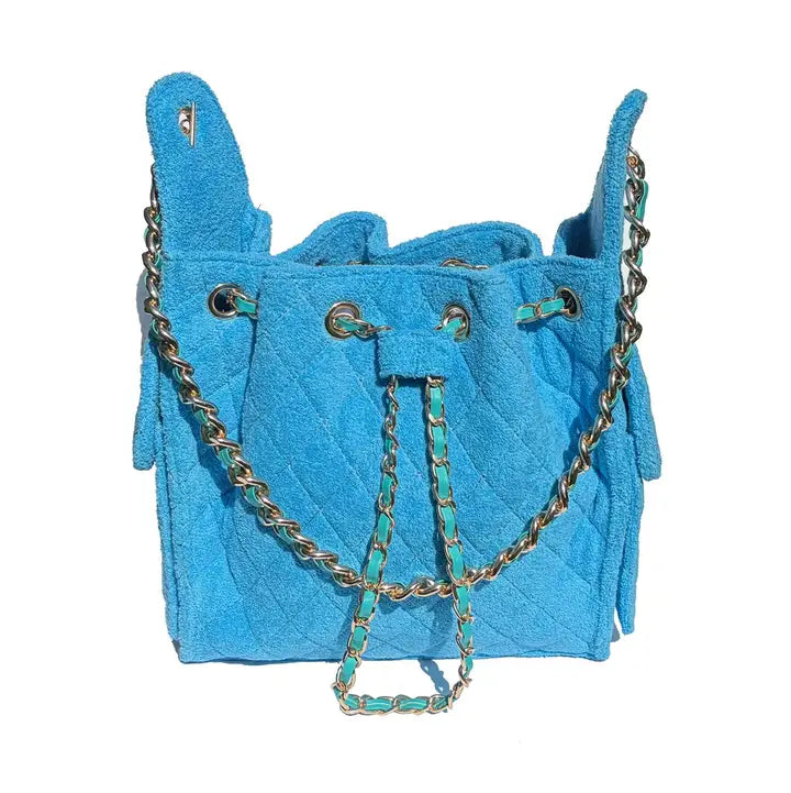 Quilted Bucket Small Bag with Gold Chain Strap and Drawstring Closure