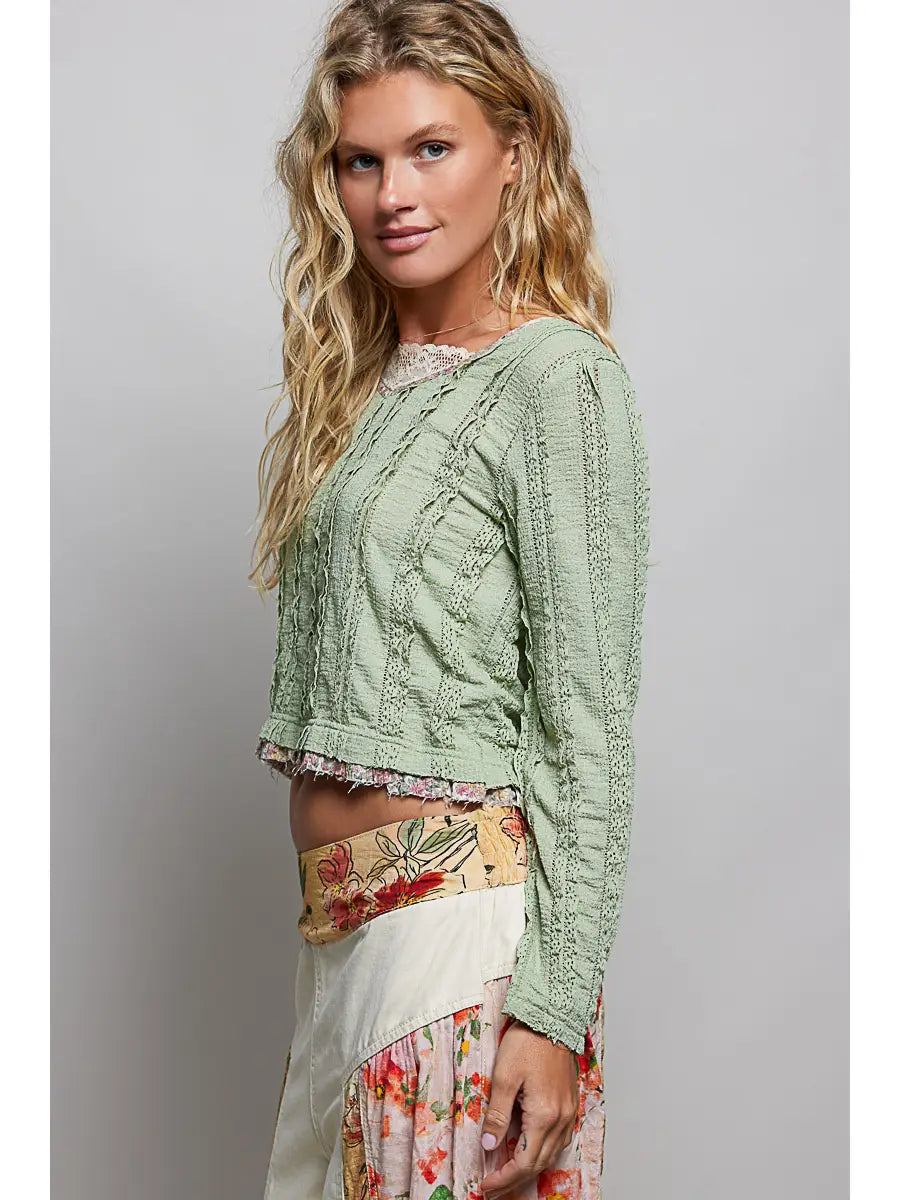 Green Textured Lace Trim Cropped Knit Top