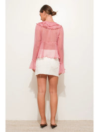 Sheer Ruffle Tie-Front Chiffon Blouse in Rose Pink