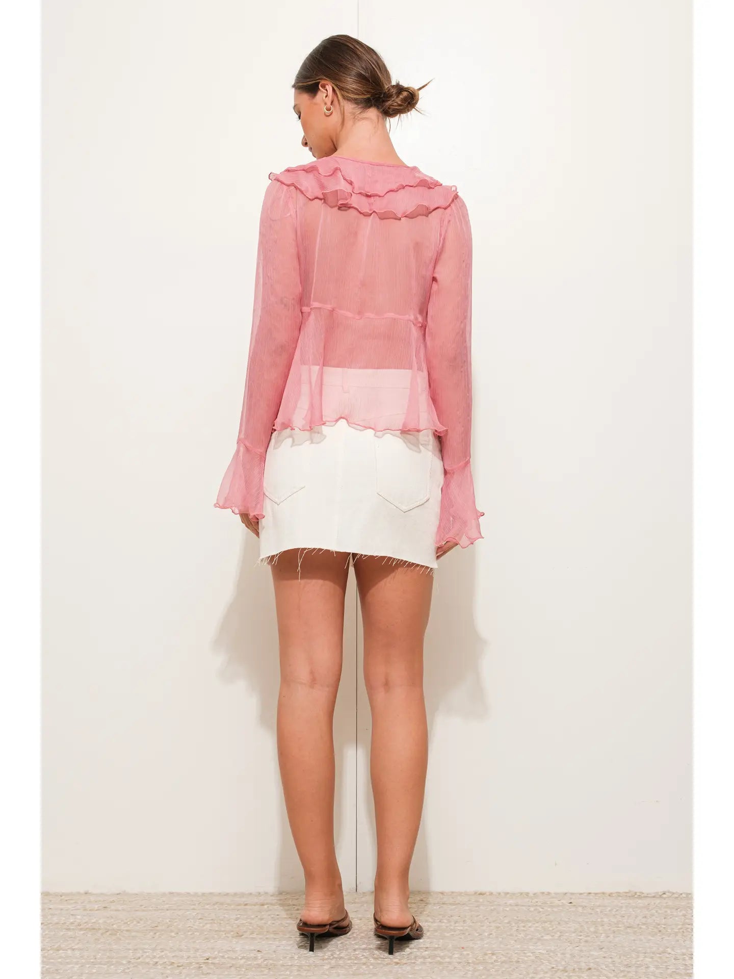 Sheer Ruffle Tie-Front Chiffon Blouse in Rose Pink