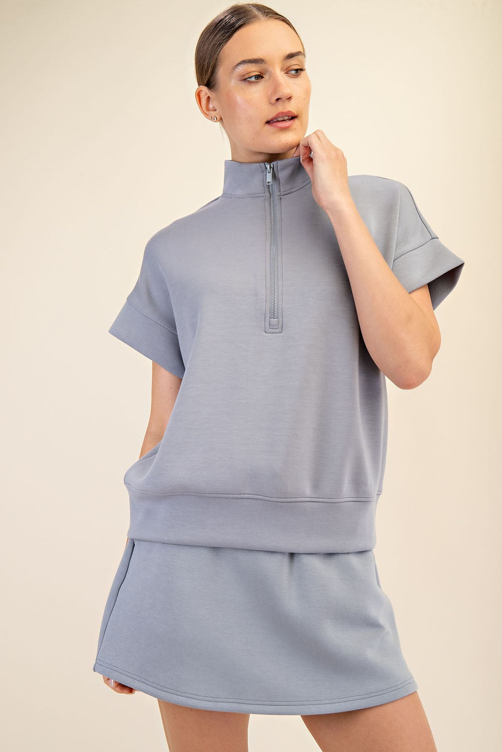 Gray Short Sleeve Quarter Zip Mock Neck Lounge Pullover