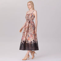 Floral Organza Midi Dress with Spaghetti Straps and Waist Tie
