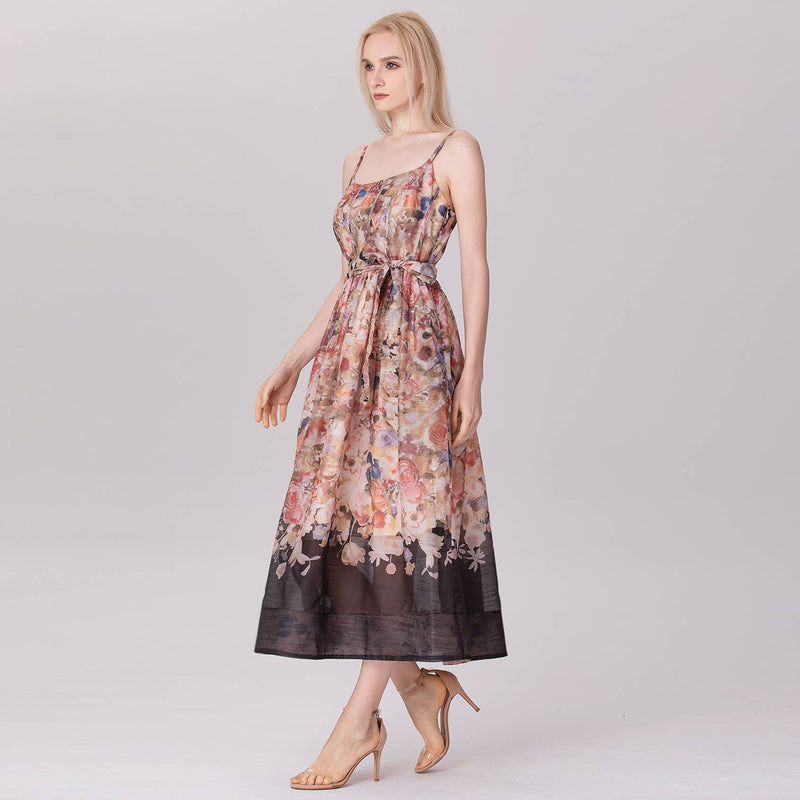 Floral Organza Midi Dress with Spaghetti Straps and Waist Tie