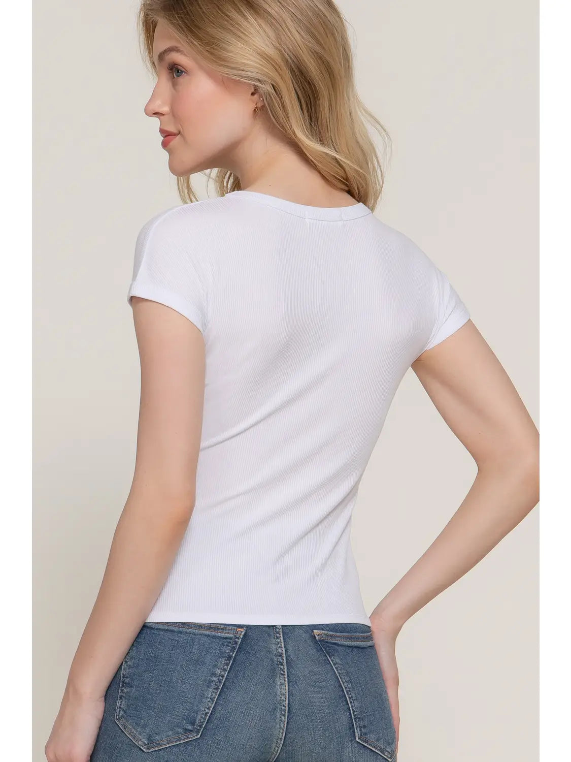 White Ribbed Crew Neck Fitted Short Sleeve Tee