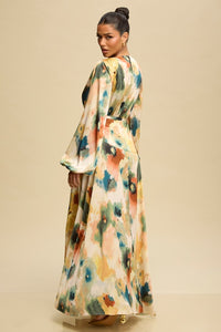 Watercolor Satin Maxi Dress with Long Sleeves and High Slit