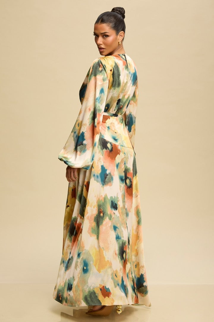 Watercolor Satin Maxi Dress with Long Sleeves and High Slit