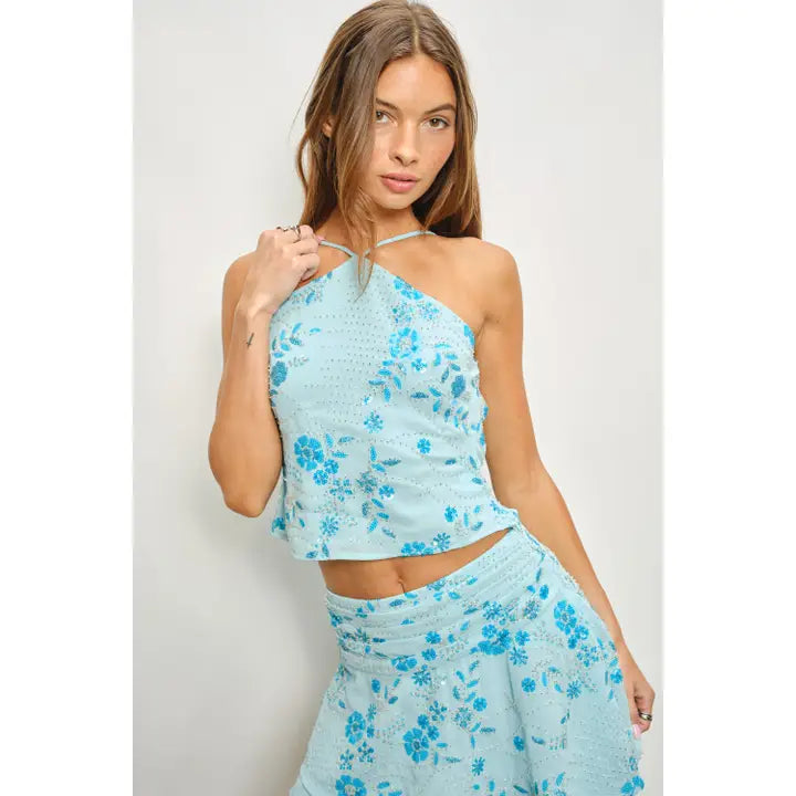 Blue Floral Halter Neck Crop Top with Eyelet Detail