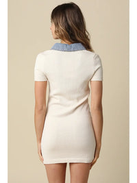 Ribbed Knit Mini Dress with Contrast Denim Collar and Button Placket