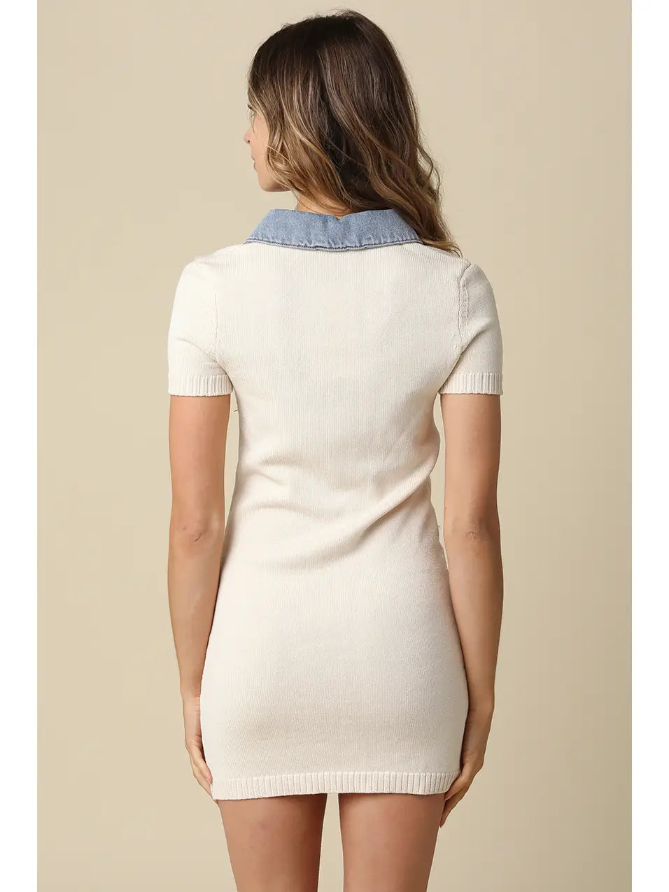 Ribbed Knit Mini Dress with Contrast Denim Collar and Button Placket