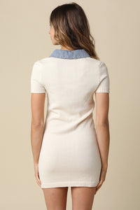 Ribbed Knit Mini Dress with Contrast Denim Collar and Button Placket