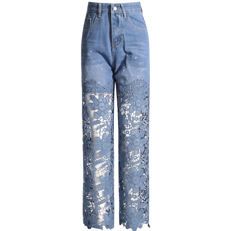 High-Waisted Denim Pants with Floral Lace Cutout Panels