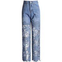 High-Waisted Denim Pants with Floral Lace Cutout Panels