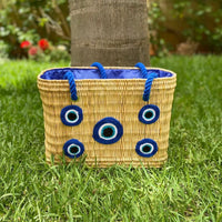 Multi Evil Eye Straw Tote Bag with Rope Handles and Drawstring Lining